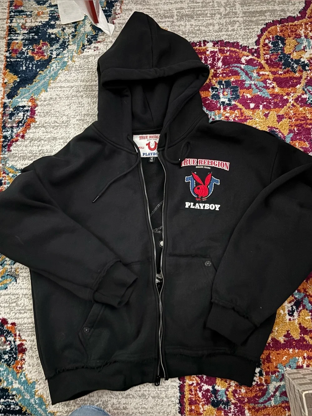 True Religion Black Zip-Up Hoodie with Red Playboy Logo